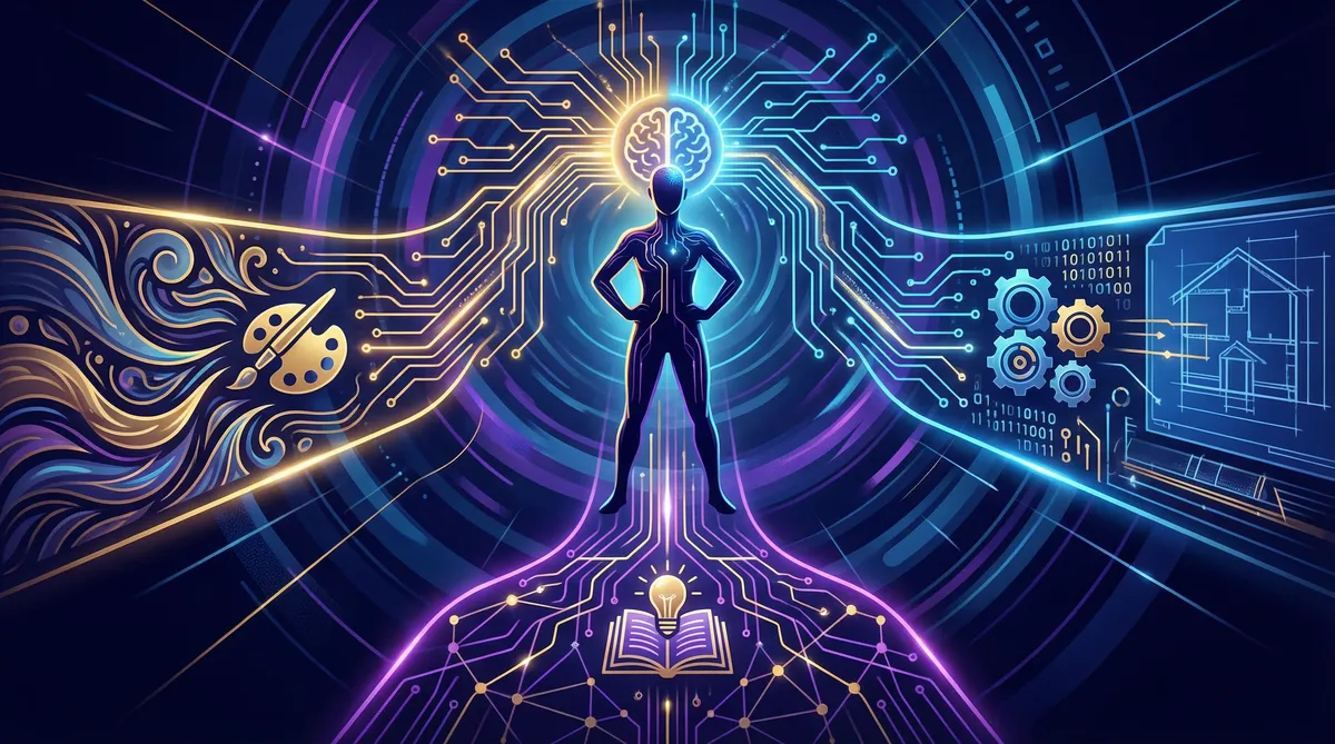 SHIA - Inteligência Aumentada: figura humana conectada à IA com três caminhos de Arte, Engenharia e Educação